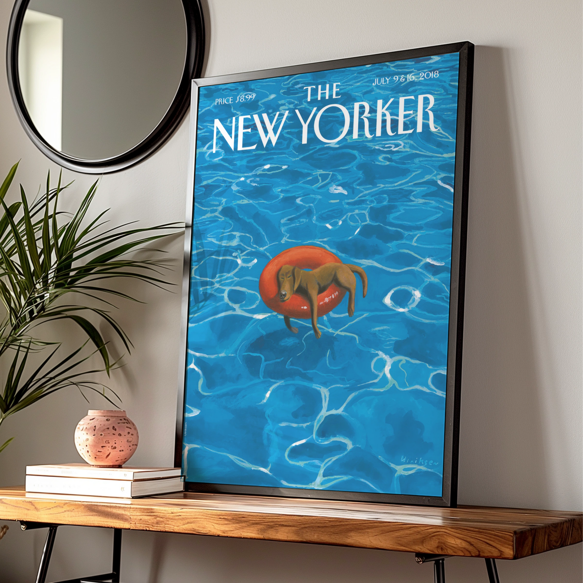 The New Yorker Dog Poster, Summer Pool Art Print, Dachshund Wall Art, Blue Vintage Cover