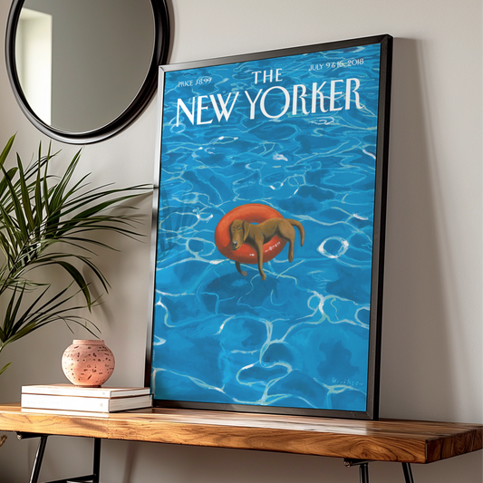 The New Yorker Dog Poster, Summer Pool Art Print, Dachshund Wall Art, Blue Vintage Cover