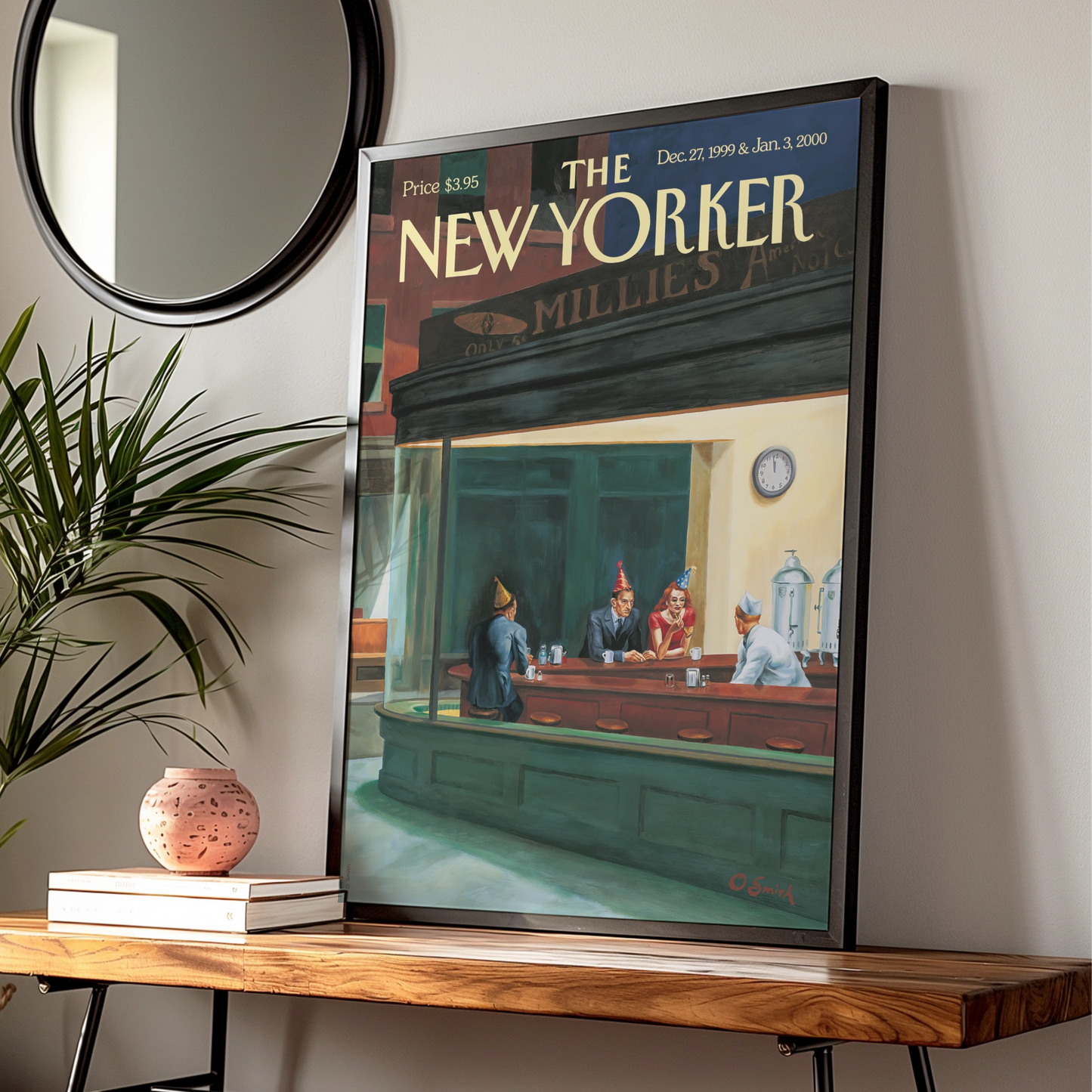 The New Yorker Cover Poster, New Year 2000 Nighthawks Diner Art, Vintage NYC Wall Art