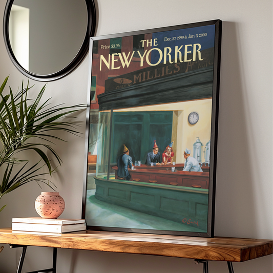 The New Yorker Cover Poster, New Year 2000 Nighthawks Diner Art, Vintage NYC Wall Art