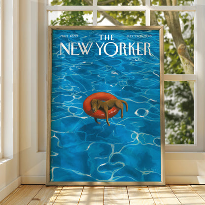 The New Yorker Dog Poster, Summer Pool Art Print, Dachshund Wall Art, Blue Vintage Cover
