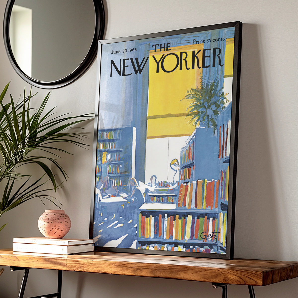 The New Yorker 1968 Library Bookshop Cover Art Poster, Vintage Blue Yellow Wall Art