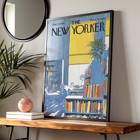 The New Yorker 1968 Library Bookshop Cover Art Poster, Vintage Blue Yellow Wall Art