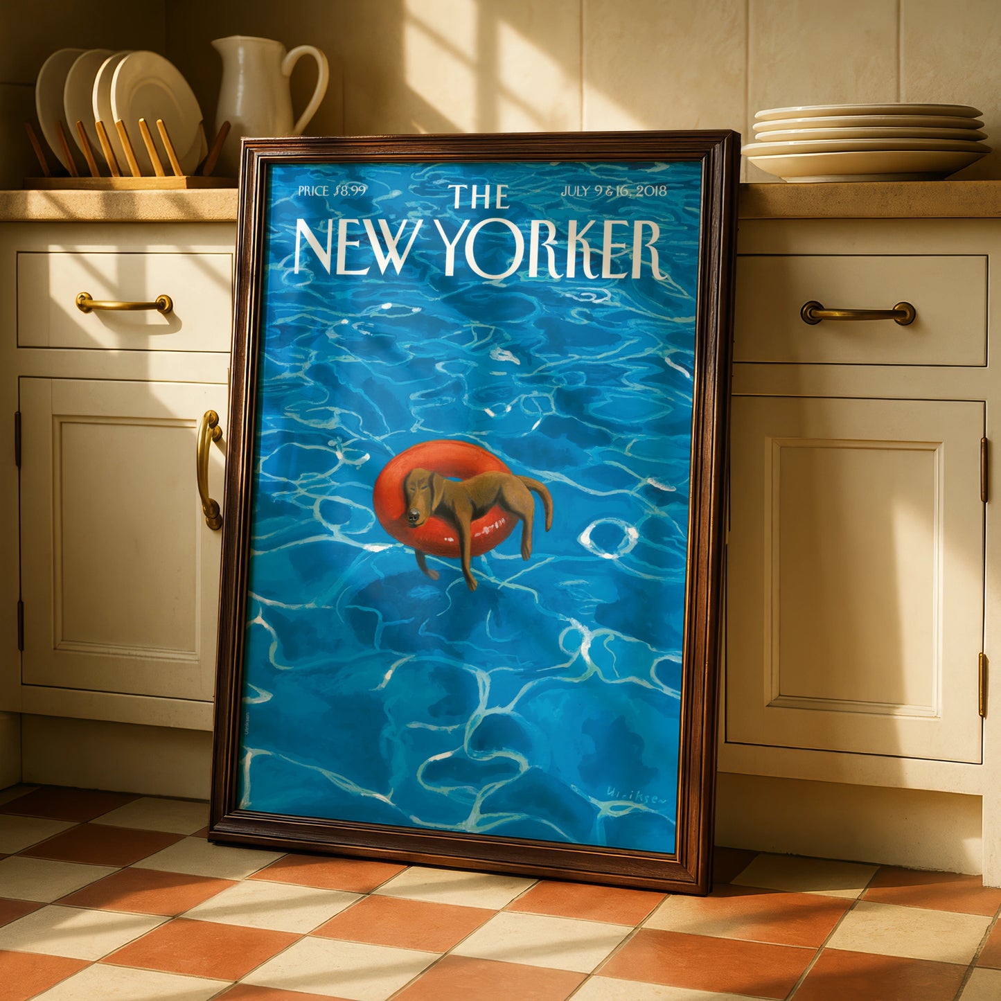 The New Yorker Dog Poster, Summer Pool Art Print, Dachshund Wall Art, Blue Vintage Cover