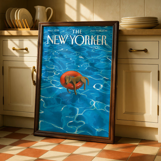 The New Yorker Dog Poster, Summer Pool Art Print, Dachshund Wall Art, Blue Vintage Cover