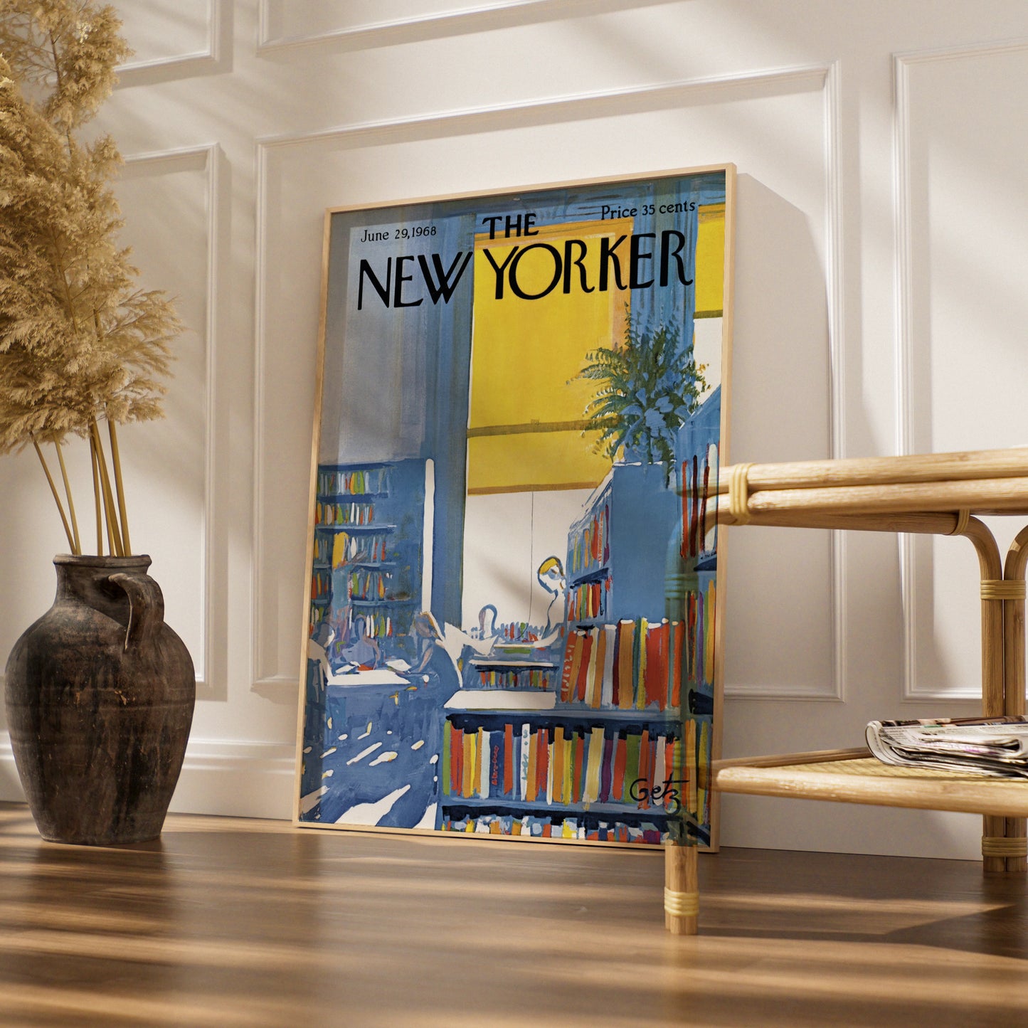 The New Yorker 1968 Library Bookshop Cover Art Poster, Vintage Blue Yellow Wall Art