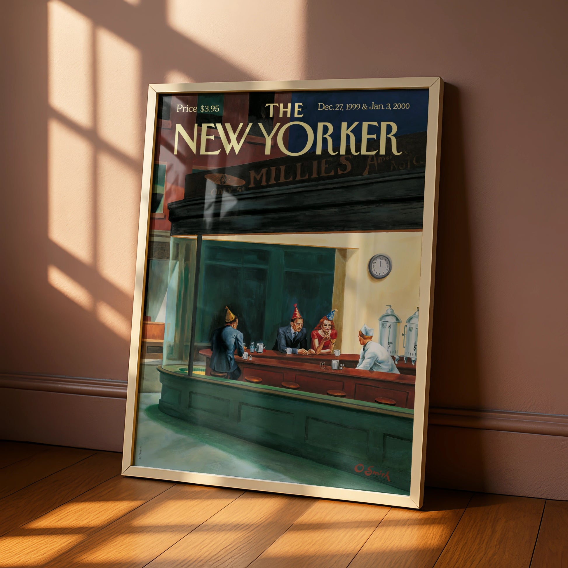 The New Yorker Cover Poster, New Year 2000 Nighthawks Diner Art, Vintage NYC Wall Art