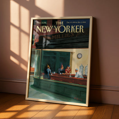 The New Yorker Cover Poster, New Year 2000 Nighthawks Diner Art, Vintage NYC Wall Art