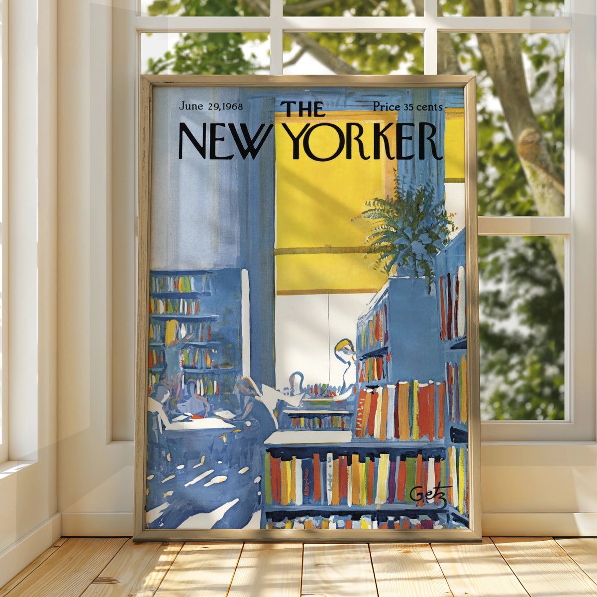 The New Yorker 1968 Library Bookshop Cover Art Poster, Vintage Blue Yellow Wall Art