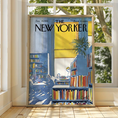 The New Yorker 1968 Library Bookshop Cover Art Poster, Vintage Blue Yellow Wall Art