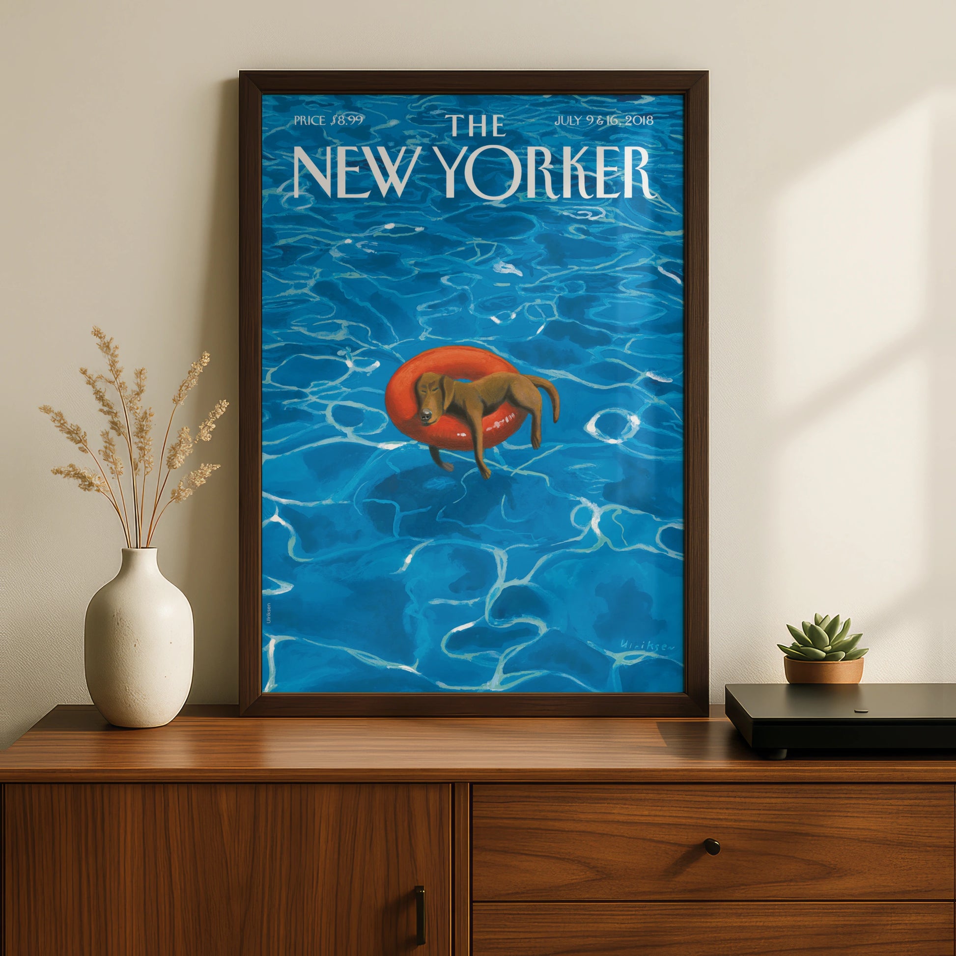The New Yorker Dog Poster, Summer Pool Art Print, Dachshund Wall Art, Blue Vintage Cover