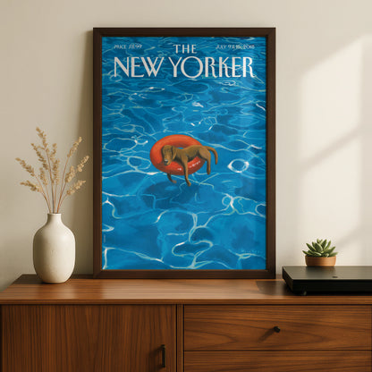 The New Yorker Dog Poster, Summer Pool Art Print, Dachshund Wall Art, Blue Vintage Cover