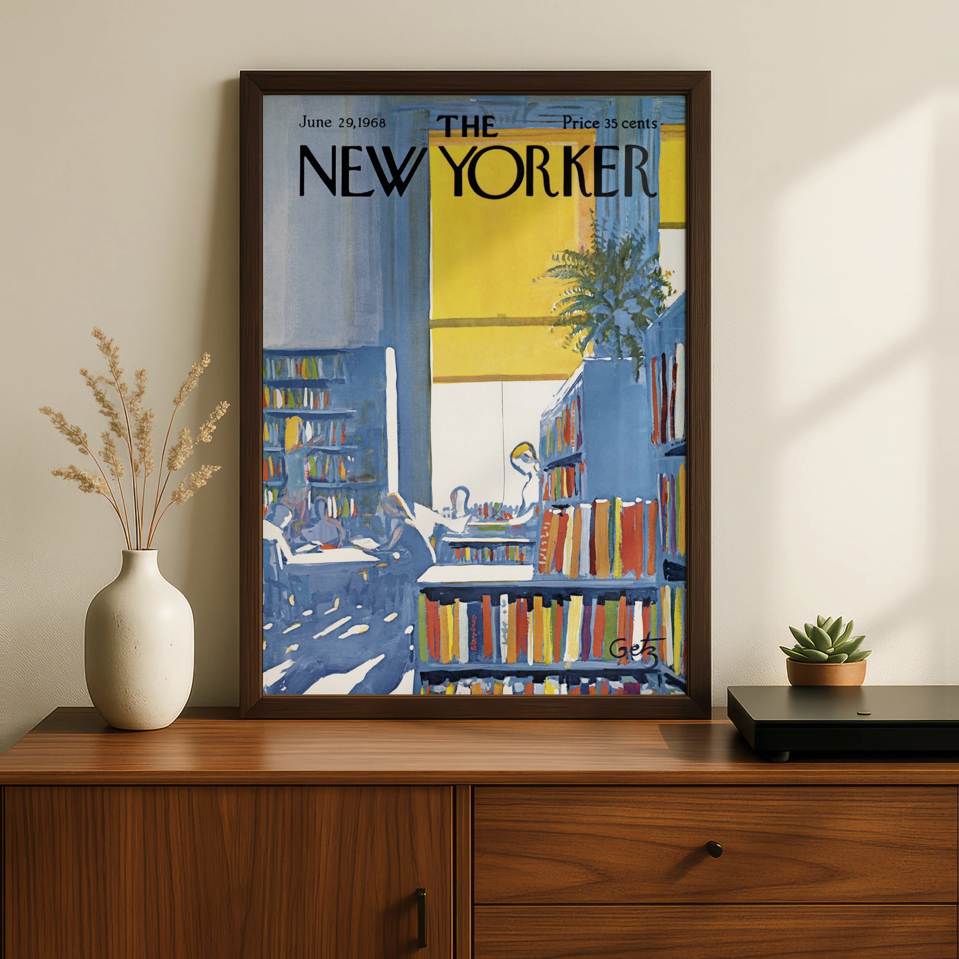 The New Yorker 1968 Library Bookshop Cover Art Poster, Vintage Blue Yellow Wall Art