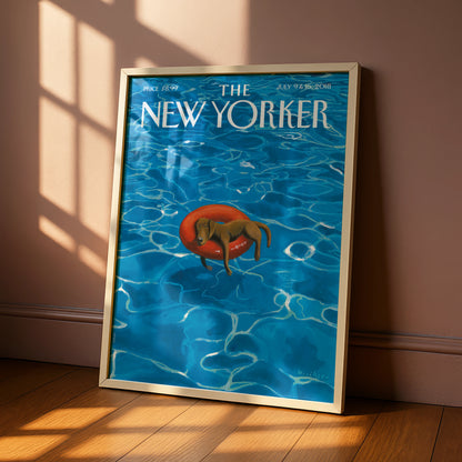 The New Yorker Dog Poster, Summer Pool Art Print, Dachshund Wall Art, Blue Vintage Cover