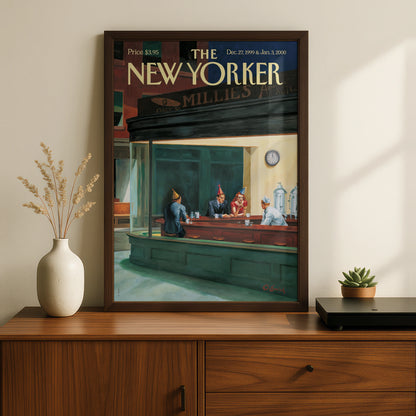 The New Yorker Cover Poster, New Year 2000 Nighthawks Diner Art, Vintage NYC Wall Art