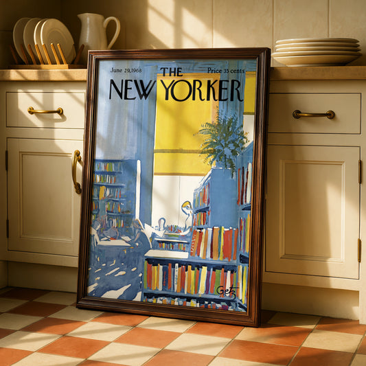 The New Yorker 1968 Library Bookshop Cover Art Poster, Vintage Blue Yellow Wall Art
