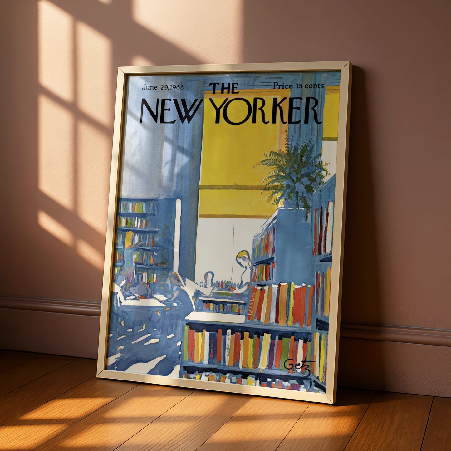 The New Yorker 1968 Library Bookshop Cover Art Poster, Vintage Blue Yellow Wall Art