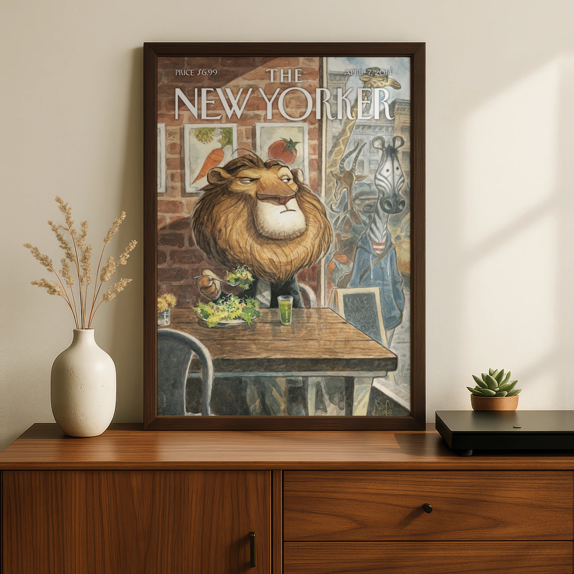 The New Yorker Lion Salad Cover Poster, Funny Animal Wall Art, April 2014 Print