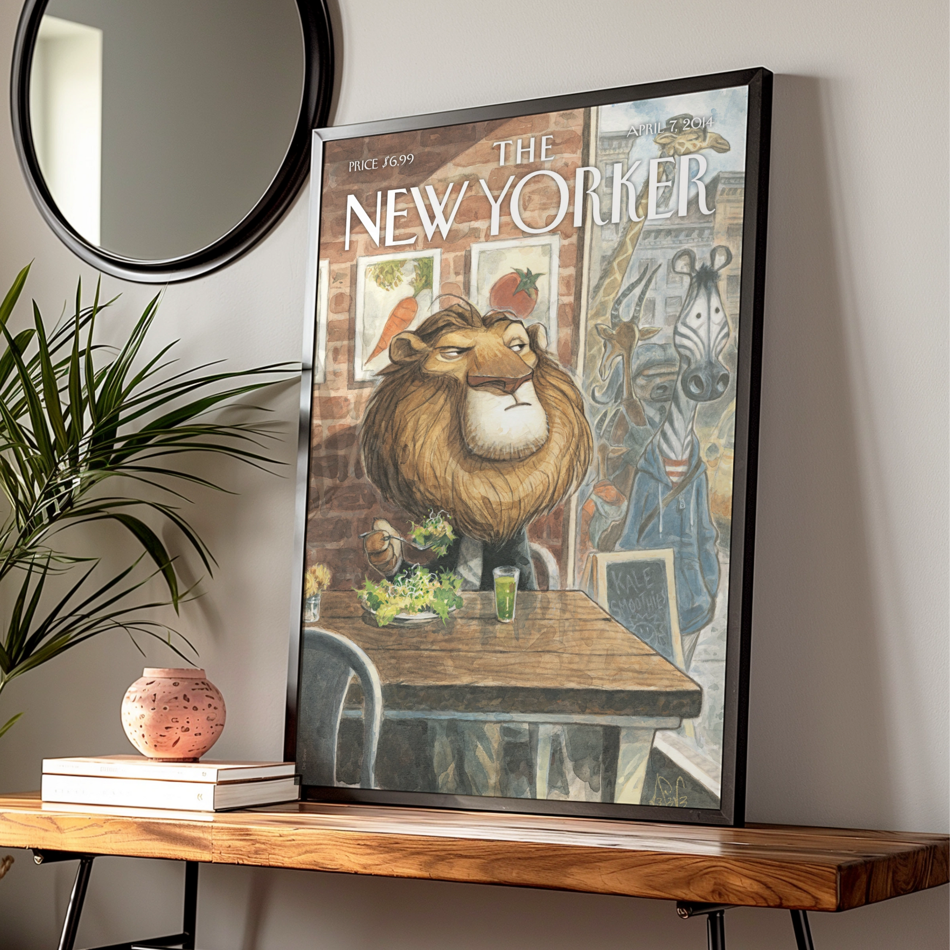 The New Yorker Lion Salad Cover Poster, Funny Animal Wall Art, April 2014 Print