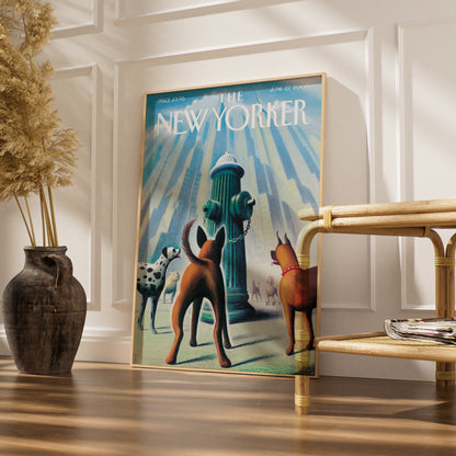 The New Yorker Dogs Fire Hydrant Cover Art Poster, NYC Skyline Wall Art Print