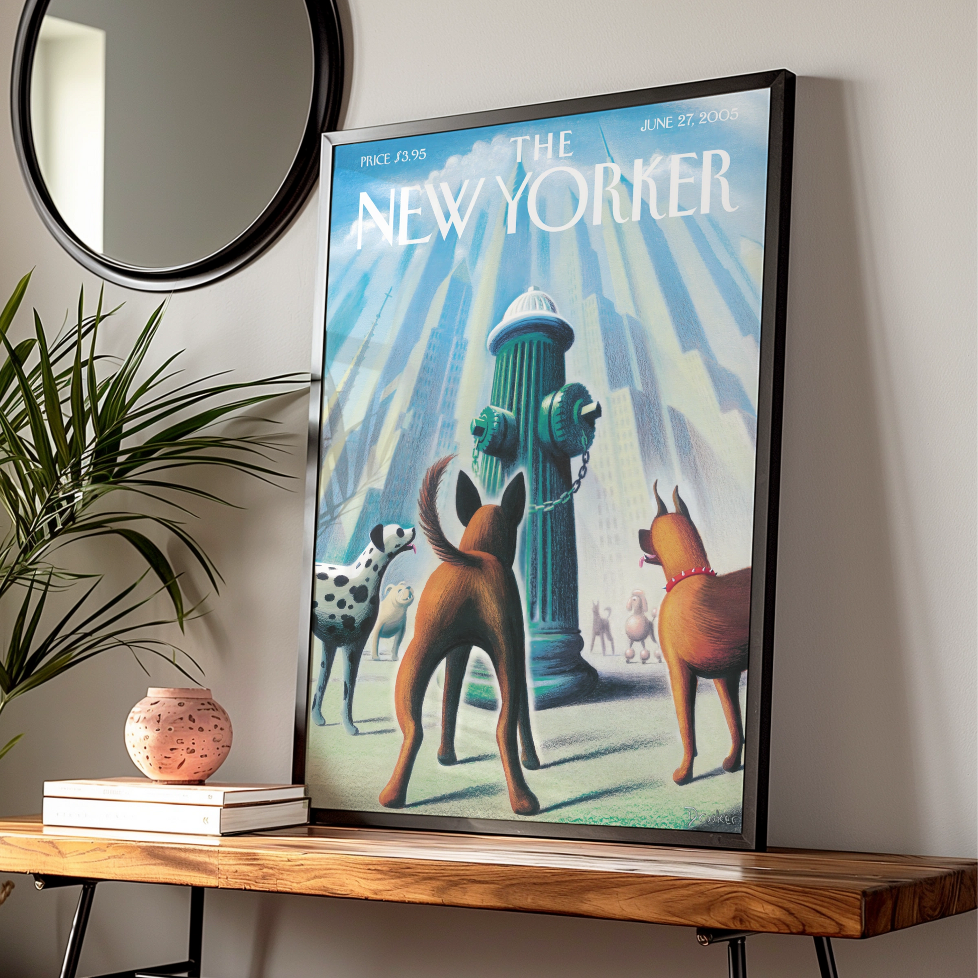 The New Yorker Dogs Fire Hydrant Cover Art Poster, NYC Skyline Wall Art Print
