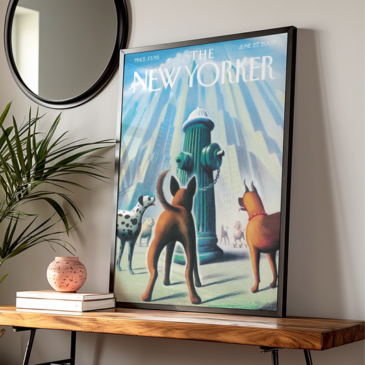 The New Yorker Dogs Fire Hydrant Cover Art Poster, NYC Skyline Wall Art Print