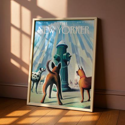 The New Yorker Dogs Fire Hydrant Cover Art Poster, NYC Skyline Wall Art Print