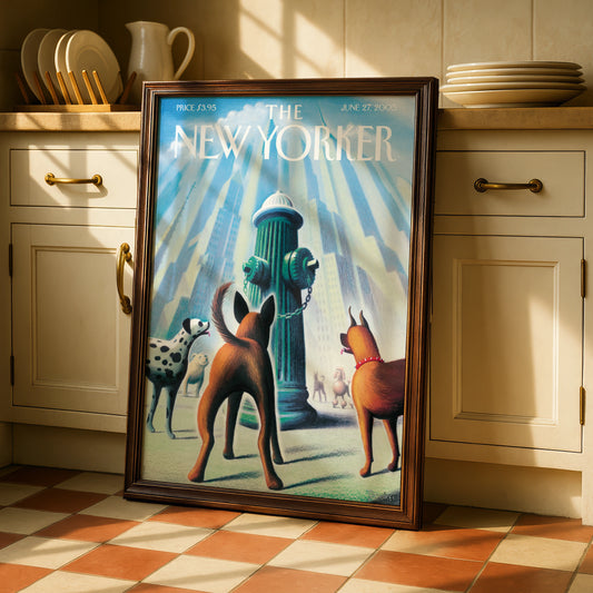 The New Yorker Dogs Fire Hydrant Cover Art Poster, NYC Skyline Wall Art Print