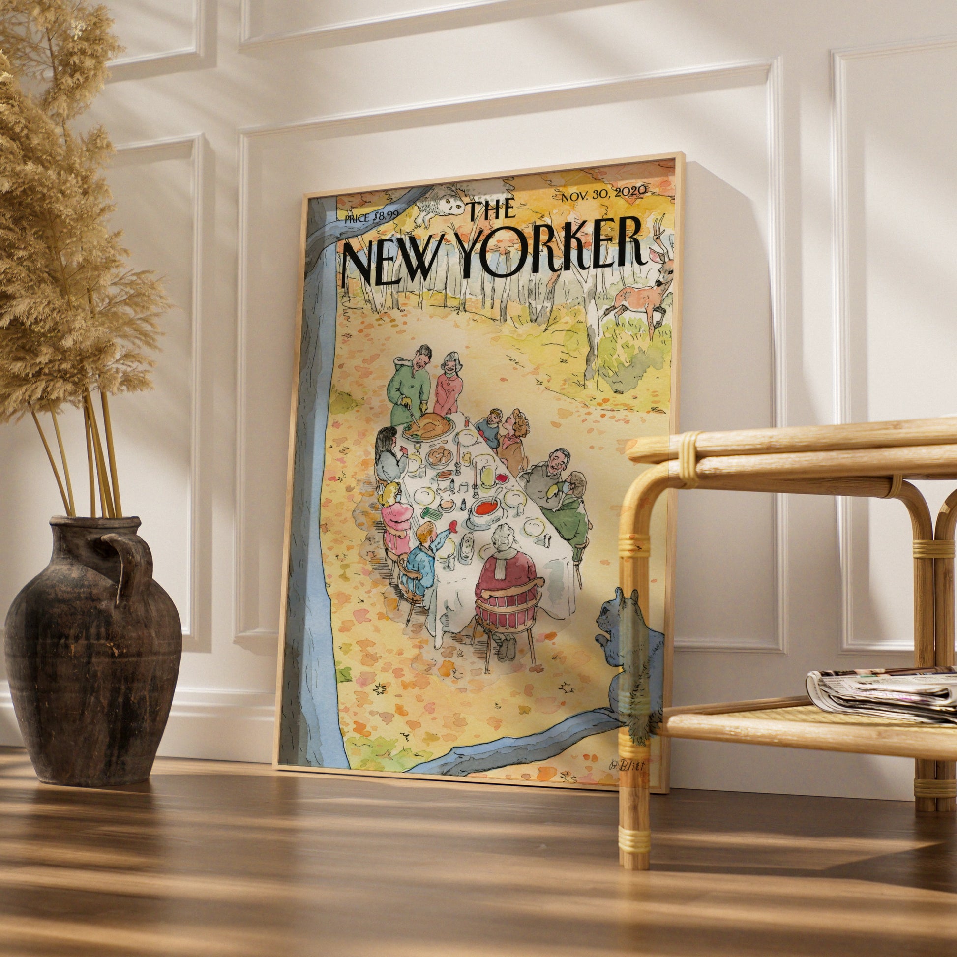 The New Yorker Cover Poster, Thanksgiving Outdoor Feast, Autumn Art Print, Fall Wall Art