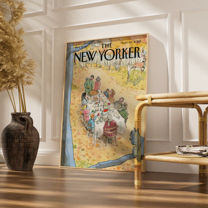 The New Yorker Cover Poster, Thanksgiving Outdoor Feast, Autumn Art Print, Fall Wall Art