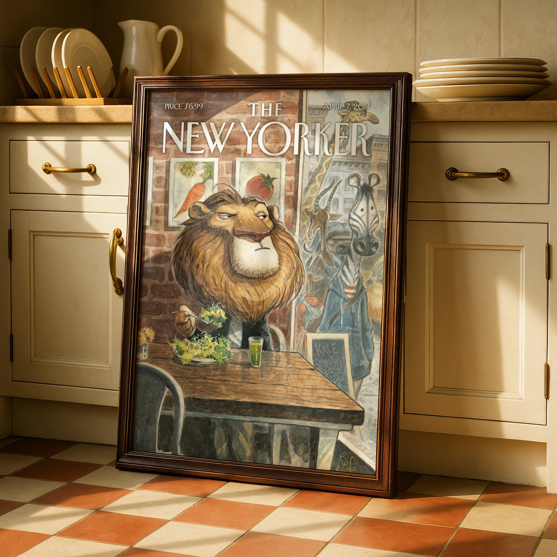 The New Yorker Lion Salad Cover Poster, Funny Animal Wall Art, April 2014 Print