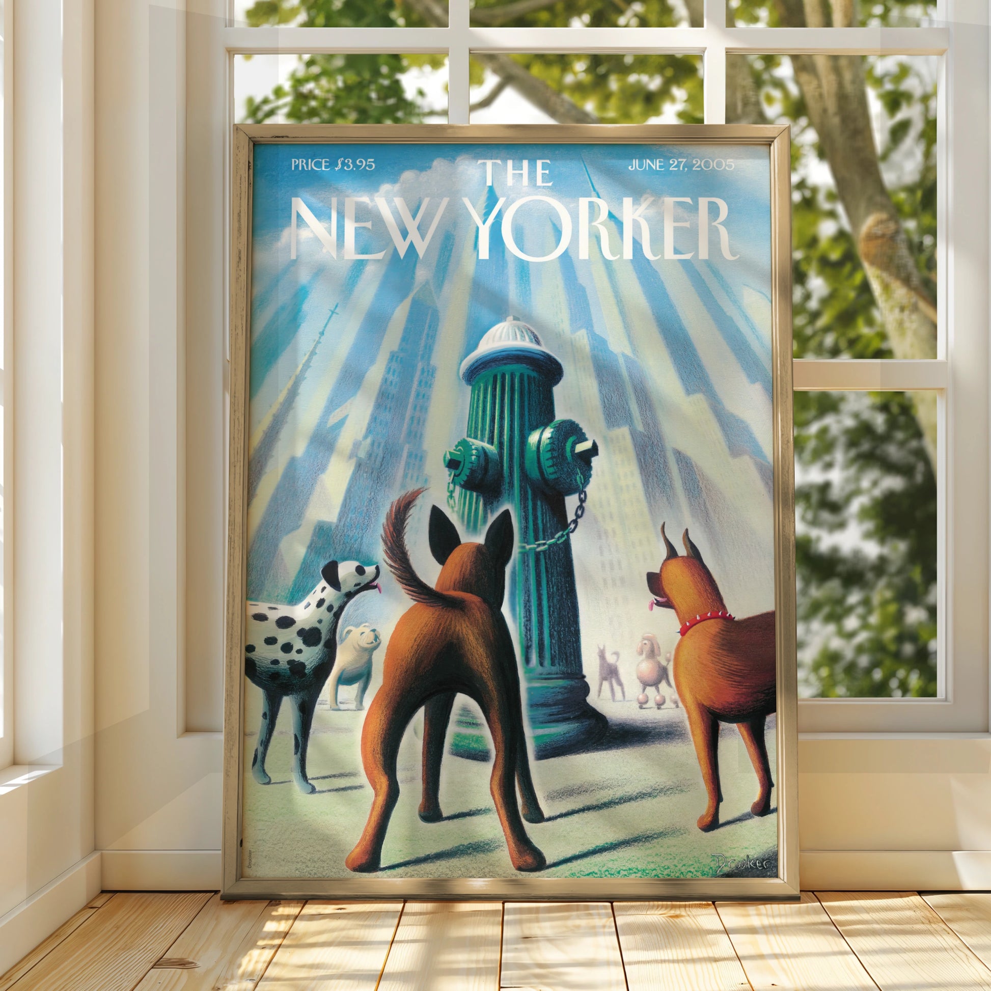 The New Yorker Dogs Fire Hydrant Cover Art Poster, NYC Skyline Wall Art Print