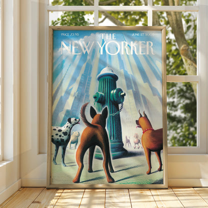 The New Yorker Dogs Fire Hydrant Cover Art Poster, NYC Skyline Wall Art Print