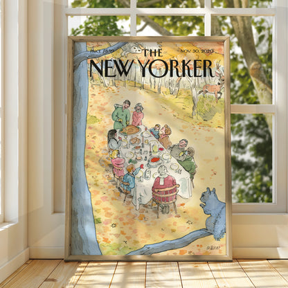 The New Yorker Cover Poster, Thanksgiving Outdoor Feast, Autumn Art Print, Fall Wall Art