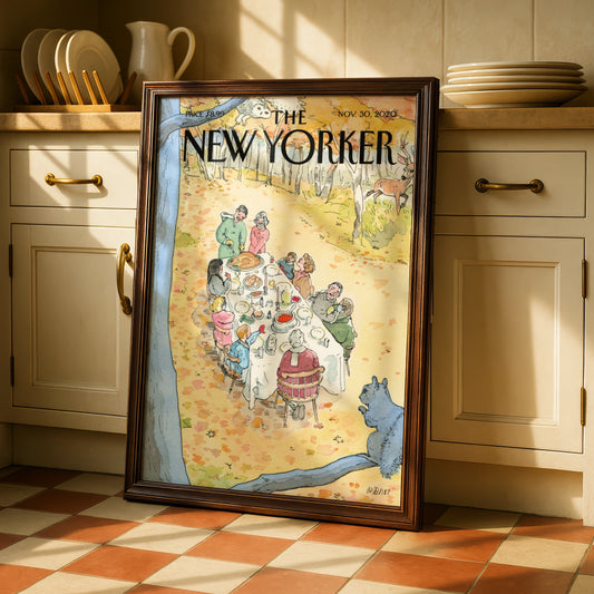 The New Yorker Cover Poster, Thanksgiving Outdoor Feast, Autumn Art Print, Fall Wall Art