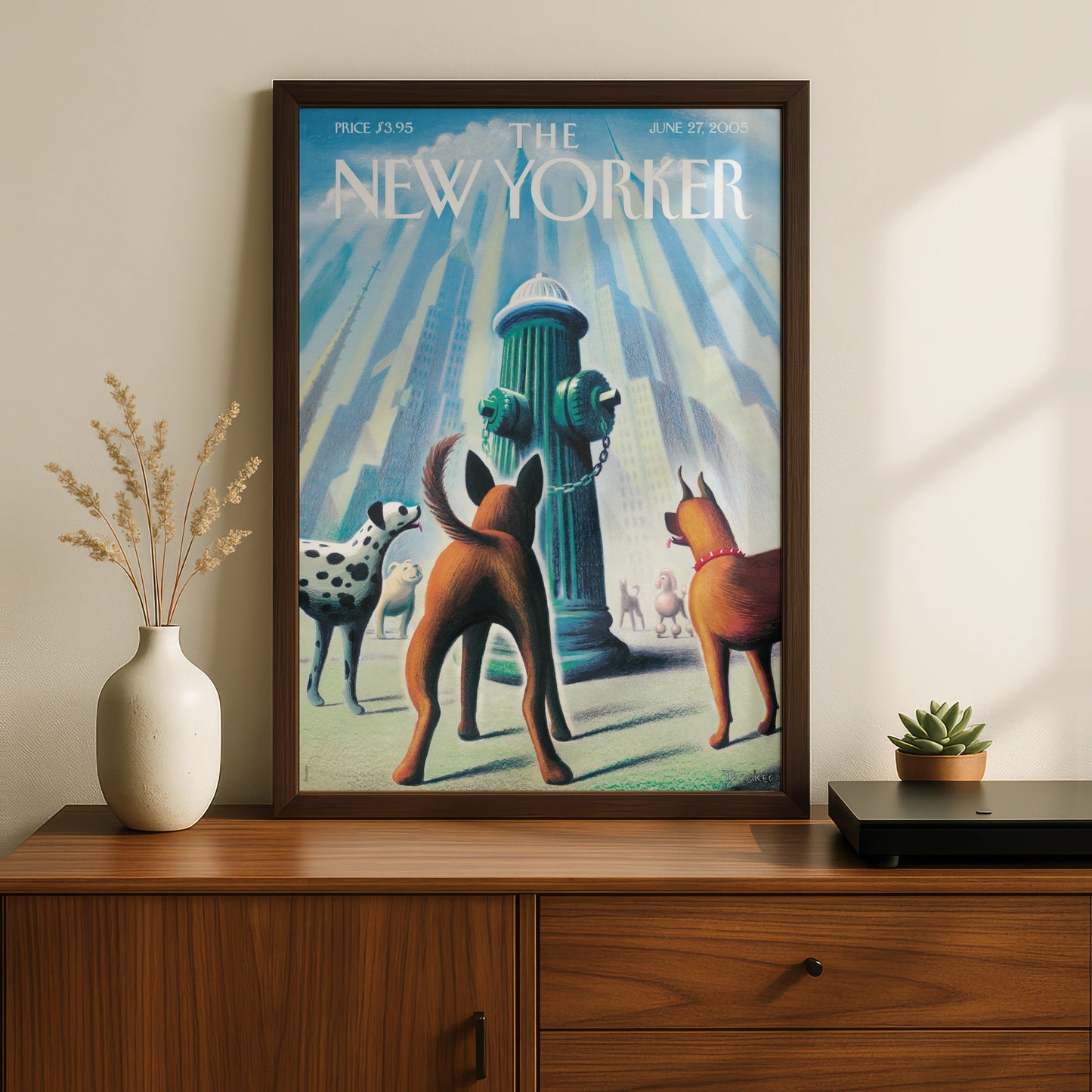The New Yorker Dogs Fire Hydrant Cover Art Poster, NYC Skyline Wall Art Print