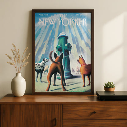 The New Yorker Dogs Fire Hydrant Cover Art Poster, NYC Skyline Wall Art Print