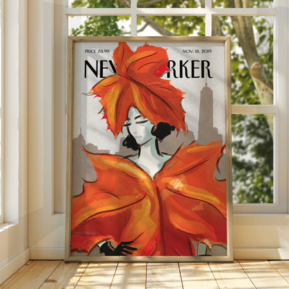 New Yorker Cover Poster, Autumn Leaves Woman Art, NYC Skyline Wall Art Print
