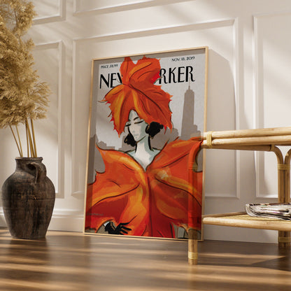 New Yorker Cover Poster, Autumn Leaves Woman Art, NYC Skyline Wall Art Print