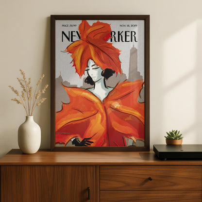 New Yorker Cover Poster, Autumn Leaves Woman Art, NYC Skyline Wall Art Print