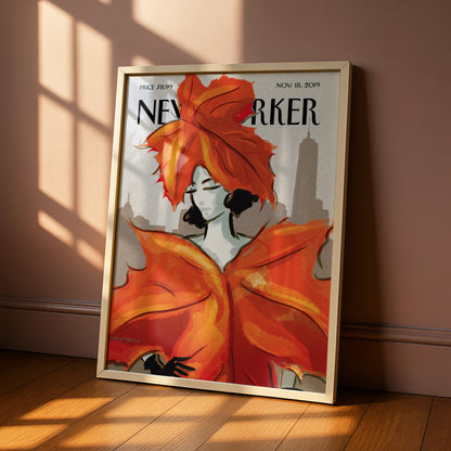 New Yorker Cover Poster, Autumn Leaves Woman Art, NYC Skyline Wall Art Print