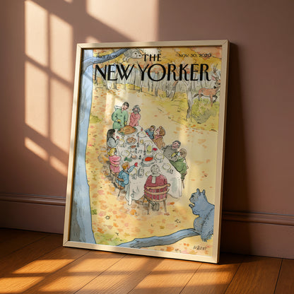 The New Yorker Cover Poster, Thanksgiving Outdoor Feast, Autumn Art Print, Fall Wall Art