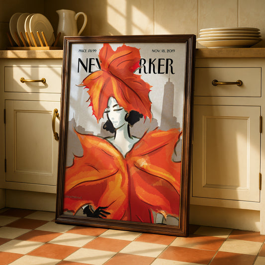 New Yorker Cover Poster, Autumn Leaves Woman Art, NYC Skyline Wall Art Print