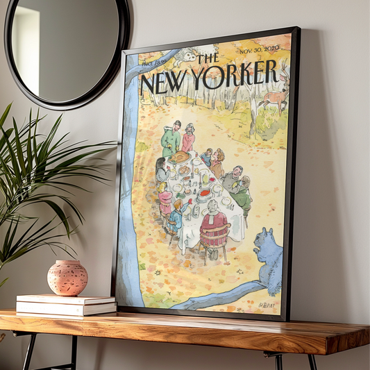 The New Yorker Cover Poster, Thanksgiving Outdoor Feast, Autumn Art Print, Fall Wall Art