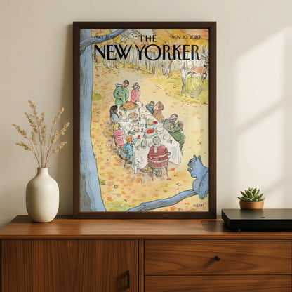 The New Yorker Cover Poster, Thanksgiving Outdoor Feast, Autumn Art Print, Fall Wall Art