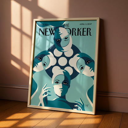 The New Yorker April 2017 Cover Poster, Teal Women Art Deco Wall Art Print