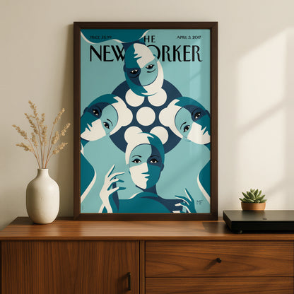 The New Yorker April 2017 Cover Poster, Teal Women Art Deco Wall Art Print