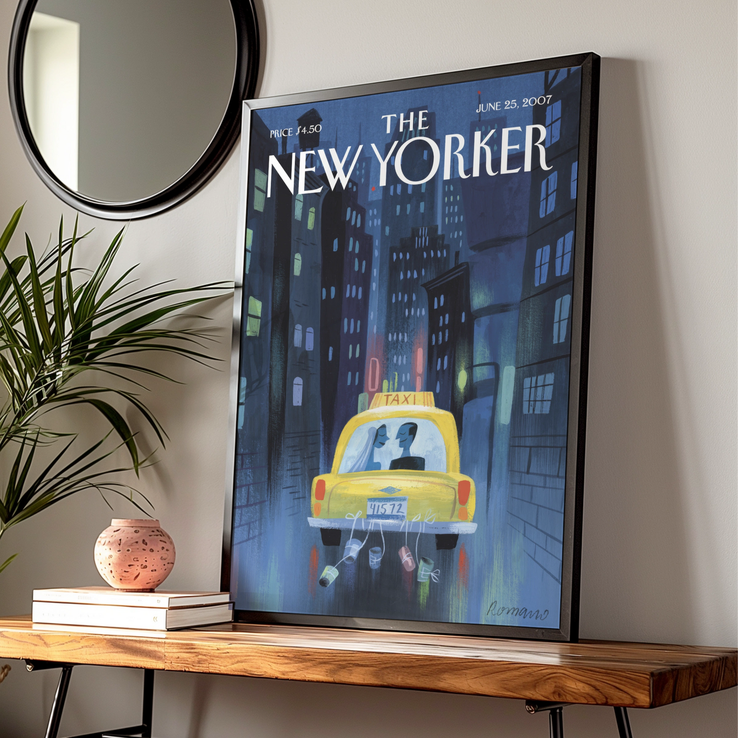 New Yorker Wedding Taxi Poster, NYC Night Skyline Art Print, Romantic City Wall Art