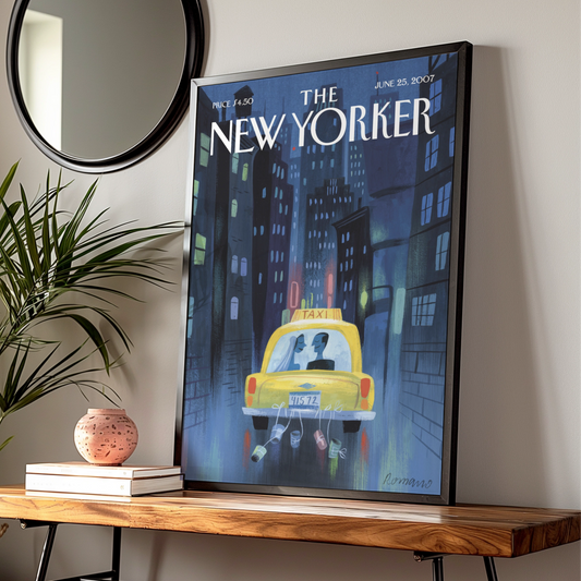New Yorker Wedding Taxi Poster, NYC Night Skyline Art Print, Romantic City Wall Art