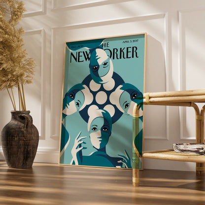 The New Yorker April 2017 Cover Poster, Teal Women Art Deco Wall Art Print